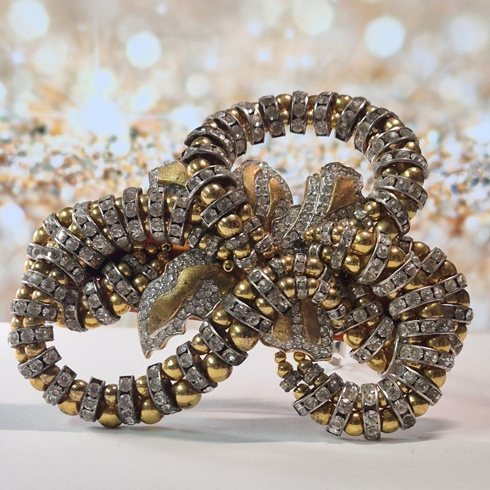 Made In France Large Vintage Rhinestones & Gold Beads French Barrette Hair Clip